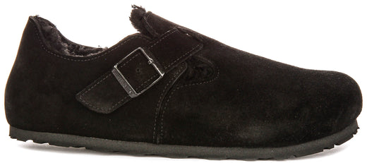 Zoccoli Birkenstock London | Pelle scamosciata nera con fodera in shearling da donna - calzata regolare