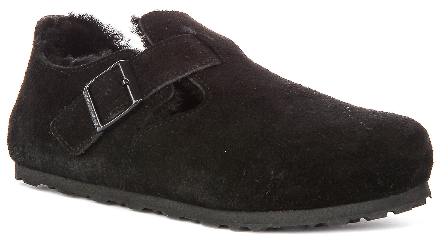 Zoccoli Birkenstock London | Pelle scamosciata nera con fodera in shearling da uomo e donna - calzata stretta