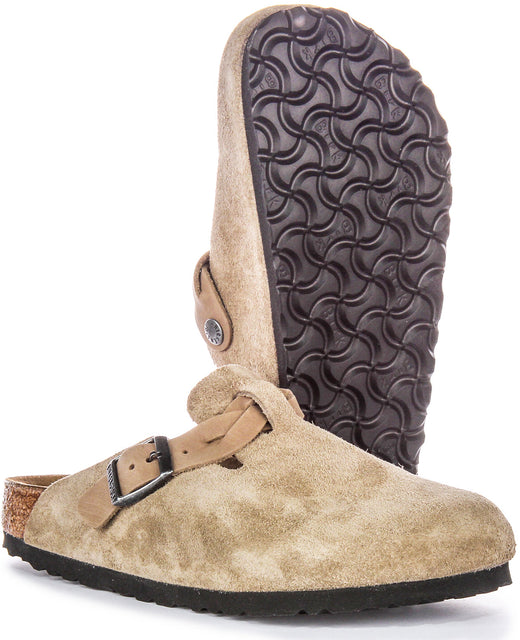 Birkenstock Boston-tofflor | Taupe mockaläder – flätat band för kvinnor