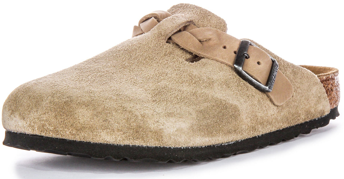 Birkenstock Boston-tofflor | Taupe mockaläder – flätat band för kvinnor