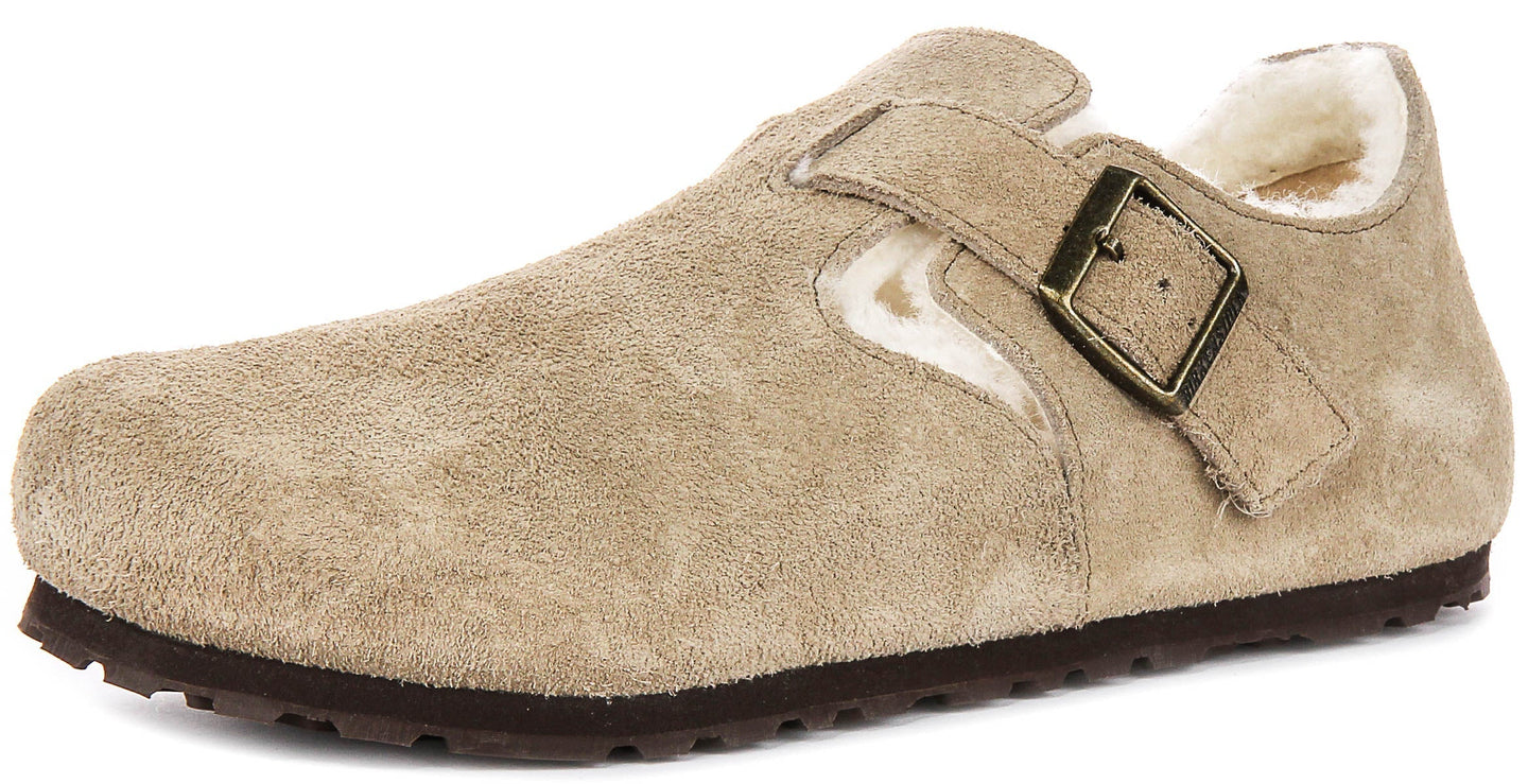 Zoccoli Birkenstock London | Pelle scamosciata color tortora con fodera in shearling da uomo e donna - calzata stretta