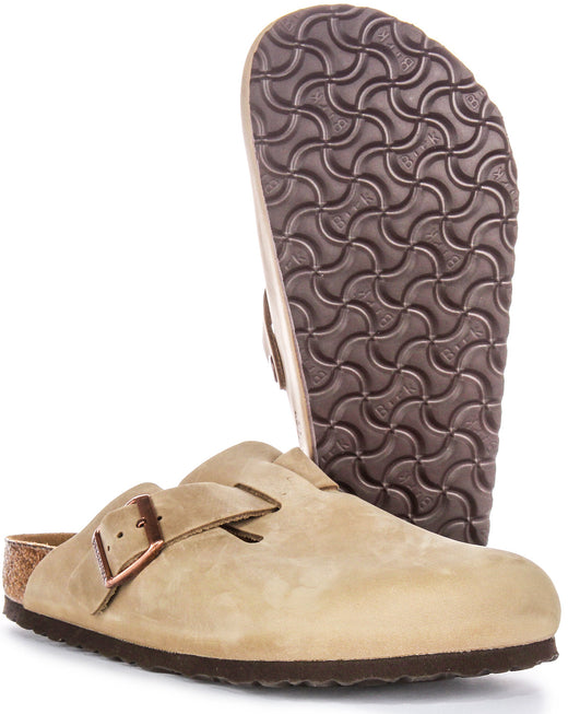 Zuecos Birkenstock Boston | cuero auténtico color tabaco para hombre y mujer