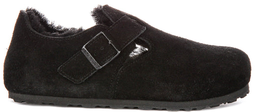 Zoccoli Birkenstock London | Pelle scamosciata nera con fodera in shearling da uomo e donna - calzata stretta