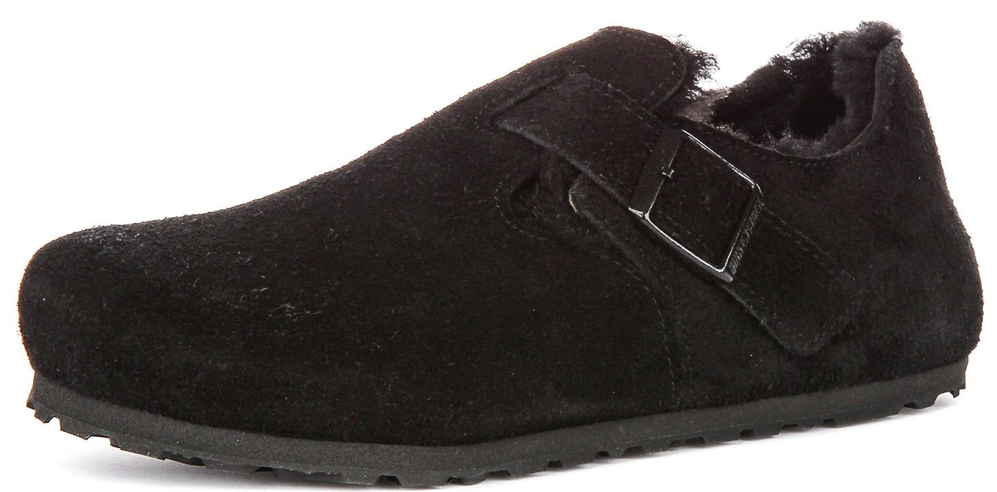 Zoccoli Birkenstock London | Pelle scamosciata nera con fodera in shearling da uomo e donna - calzata stretta