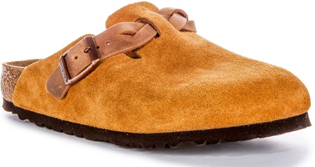 Zoccoli Birkenstock Boston | Pelle scamosciata color visone - Cinturino intrecciato da donna