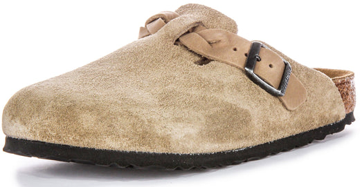 Zoccoli Birkenstock Boston | Pelle scamosciata color tortora - Cinturino intrecciato da donna