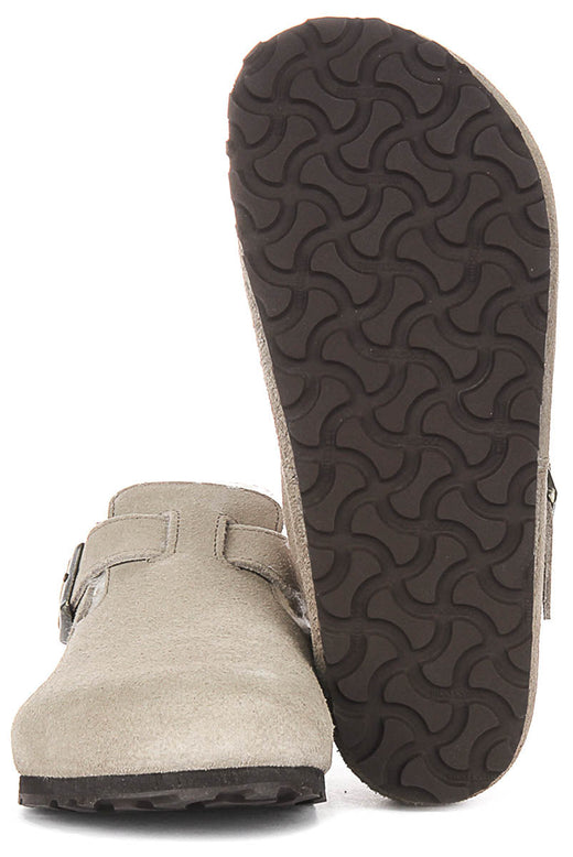 Zoccoli Birkenstock London | Pelle scamosciata color tortora con fodera in shearling per donna