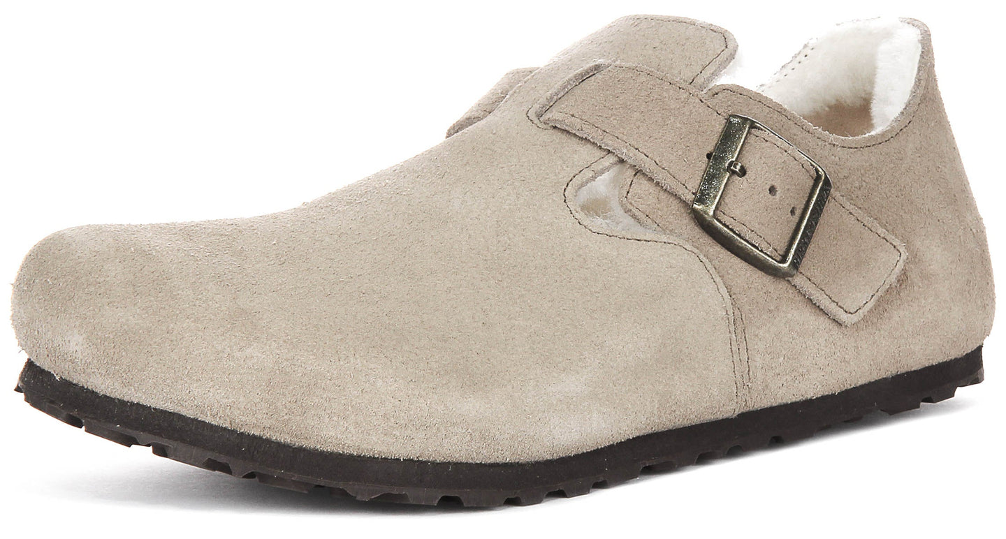 Zoccoli Birkenstock London | Pelle scamosciata color tortora con fodera in shearling per donna